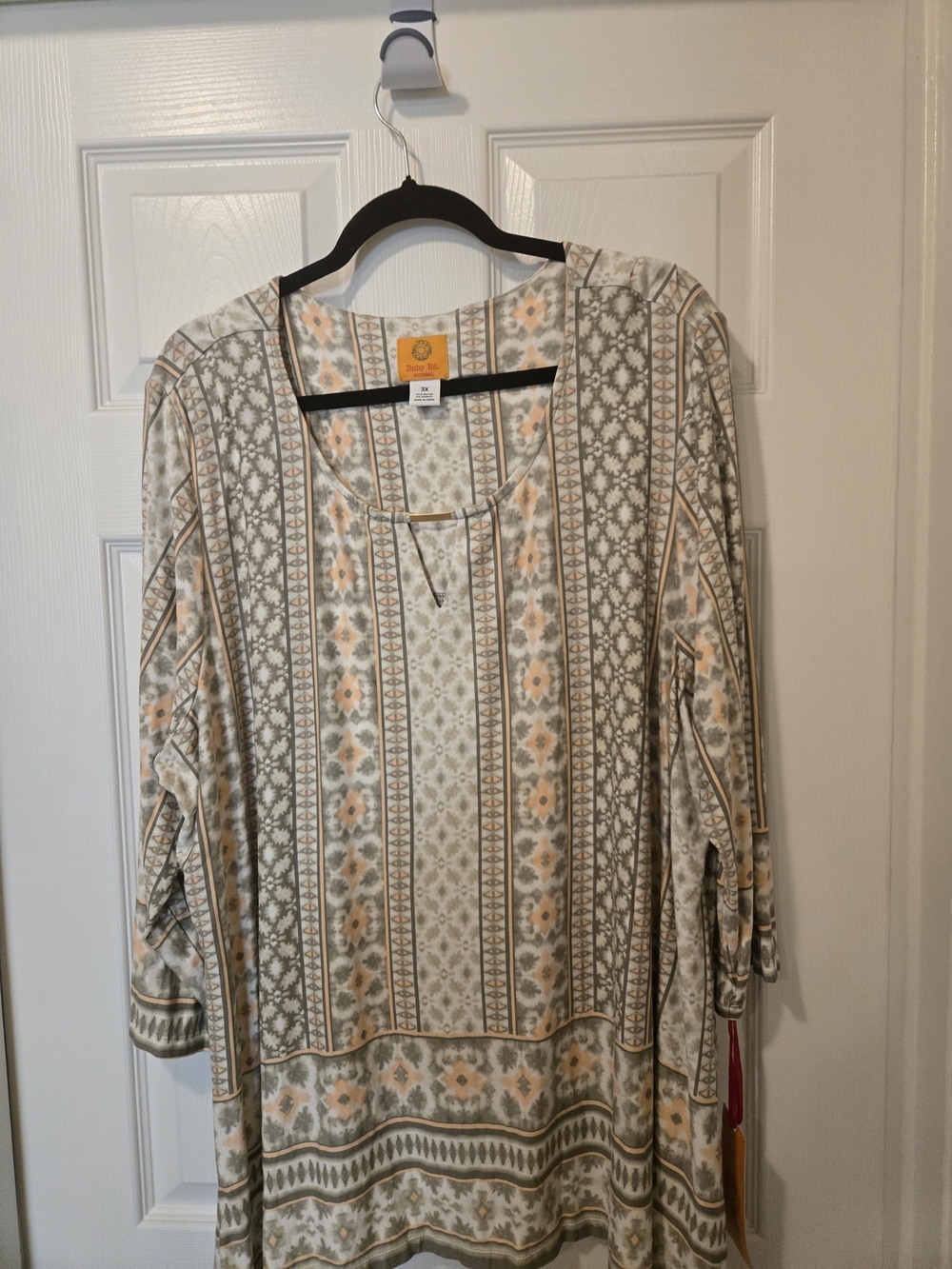 Ruby Rd. Cream, Olive & Peach Patterned Boho Blouse - Picture 1 of 9